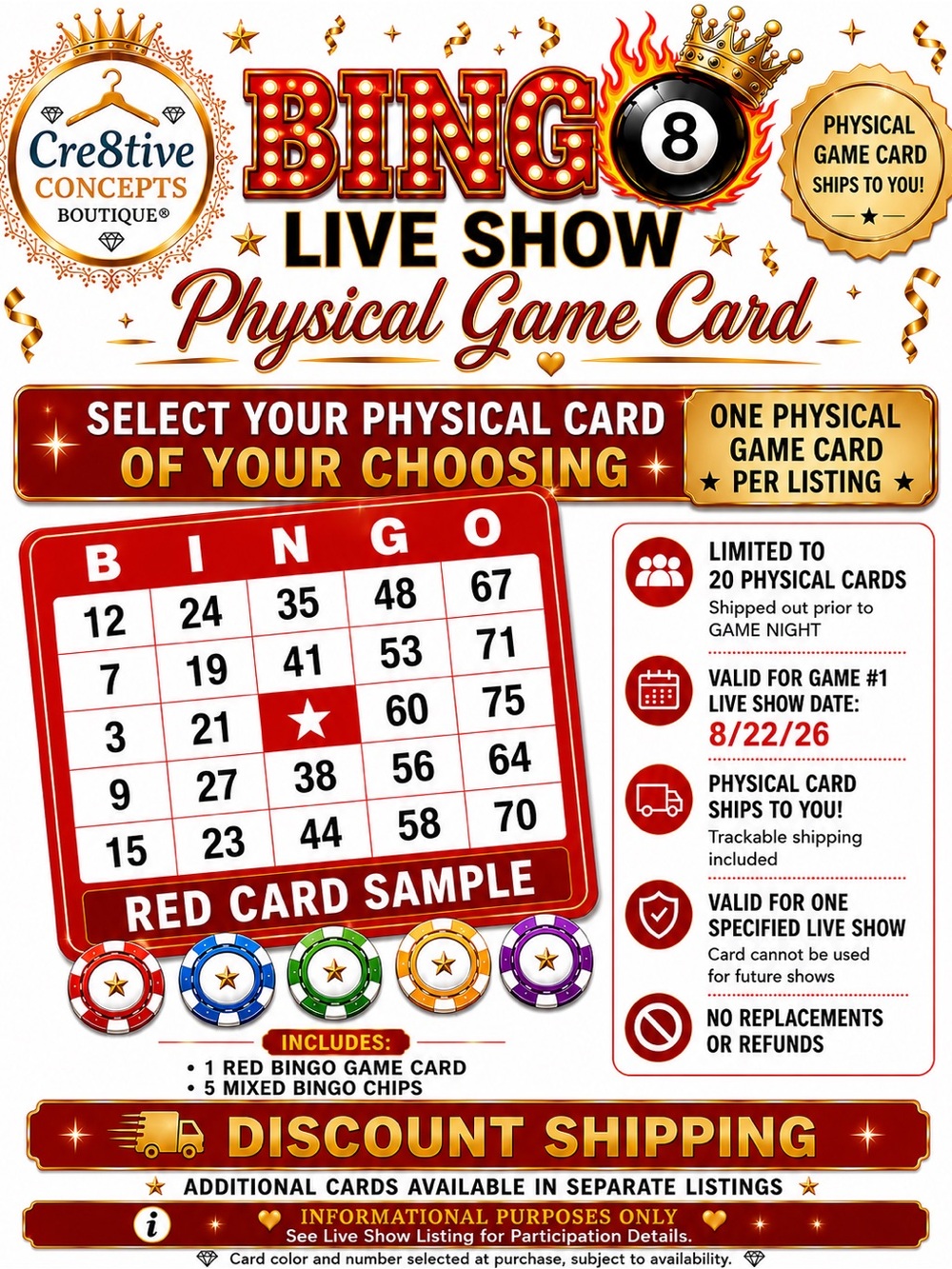 Buy NOW: RED BINGO Card plus 5 Colored Chips-Pick One!!